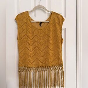 heartsoul Yellow Crochet Fringe Sleeveless Round Neck Cropped Blouse Size M